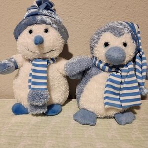 Cute Just Friends vintage pair. Snowman and Penguin plush.